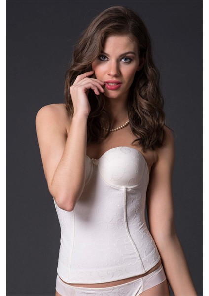 9225 Kadın Ekru Desenli Kumaşlı Sırtı Açık Straplez Büstiyer