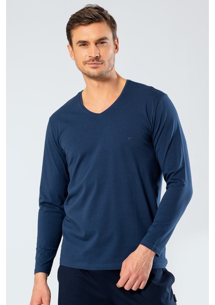 1334 Indigo Erkek Erkek Indigo V Yaka Uzun Kollu Sweatshirt