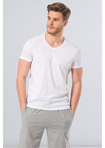 2170 Beyaz Erkek Modal V Yaka Slim Fit T-Shirt
