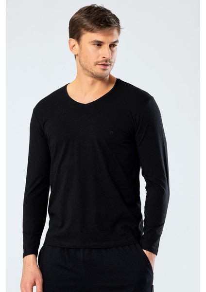 1334 Siyah Erkek Erkek Siyah V Yaka Uzun Kollu Sweatshirt