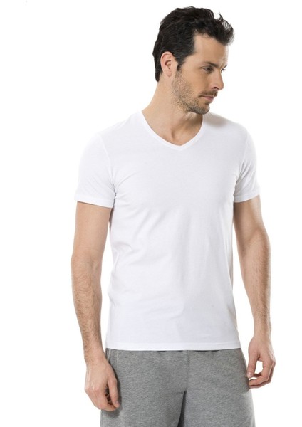 1332 Beyaz Erkek V Yaka Likralı Kısa Kollu T-Shirt