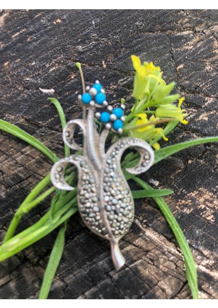 Gümüş Markazit ve Firuze Taşlı Çiçek Broş