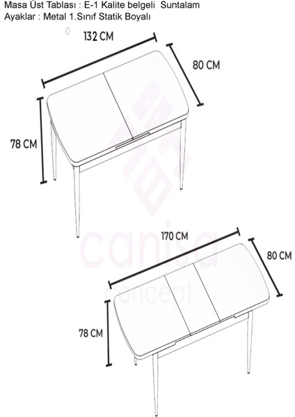 Concept Via Serisi 80 x 132 Açılabilir 1.sınıf Mutfak Masası