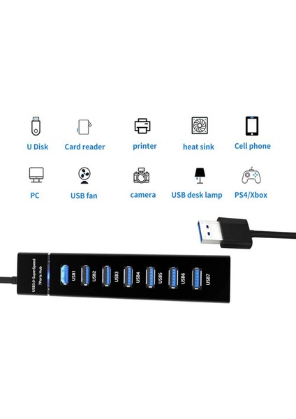 USB 3.0 Super Speed 7 Port 5 Gbps USB Çoklayıcı Hub 30 cm AL2695 - Siyah