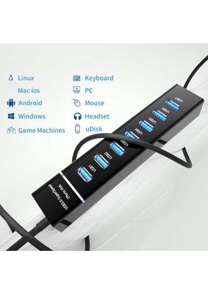 USB 3.0 Super Speed 7 Port 5 Gbps USB Çoklayıcı Hub 30 cm AL2695 - Siyah