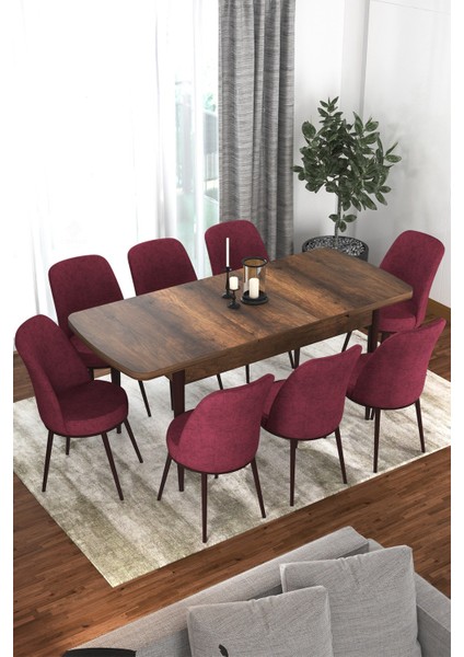 Concept Via Serisi 80 x 132 cm Açılabilir Barok Ahşap Desen Mutfak Masa Takımı + 8 Adet Sandalye
