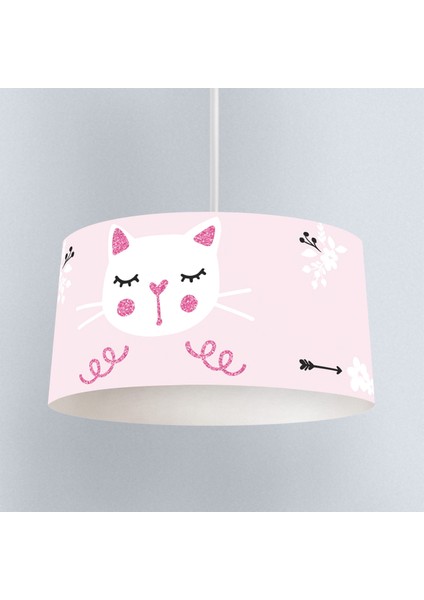 Pembe Kedi ve Çiçek Desenli Çocuk Odası Dijital Baskılı Sarkıt Avize