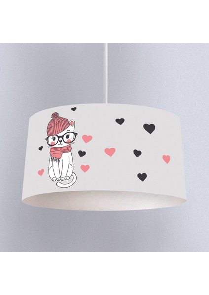 Gri Tatlı Kedi Desenli Çocuk Odası Dijital Baskılı Sarkıt Avize