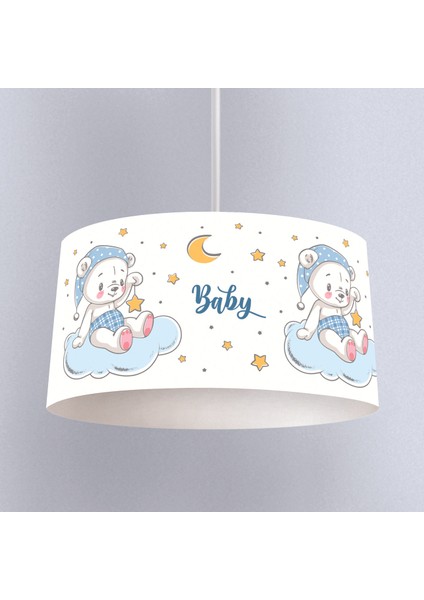 Beyaz Bebek Ayı Desenli Çocuk Odası Dijital Baskılı Sarkıt Avize