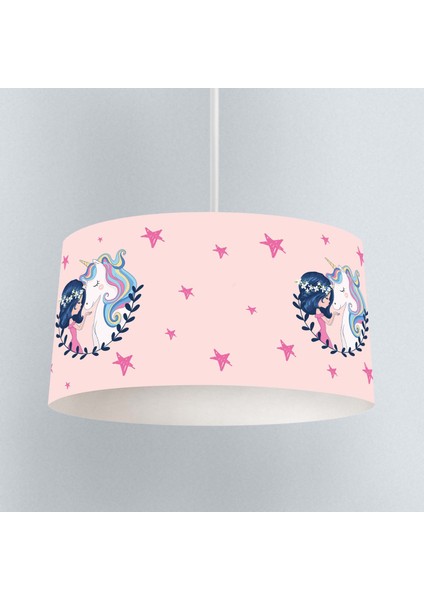 Tozpembe Kız Unicorn Desenli Çocuk Odası Dijital Baskılı Sarkıt Avize