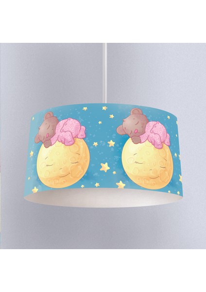 Mavi Ayda Uyuyan Ayı Desenli Çocuk Odası Dijital Baskılı Sarkıt Avize