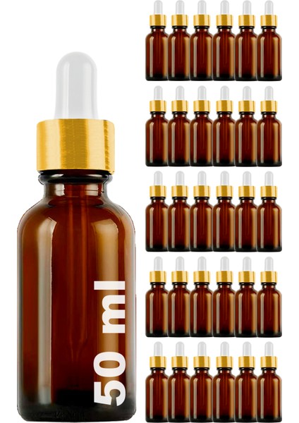 50 cc Amber Damlalık Metal Gold Sızdırmaz Kapaklı 50 ml Dropper Cam Serum Şişesi 30 Adet