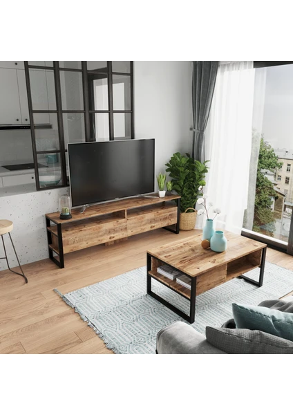 Robin Home Tv Sehpası Televizyon Ünitesi 180 cm Orta Sehpa 2'li Takım Metal Ayaklı