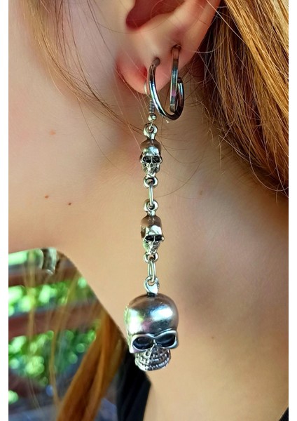 Antik Gümüş Kaplama Kuru Kafalar Şekilli El Yapımı Çift Adet Kadın Küpe