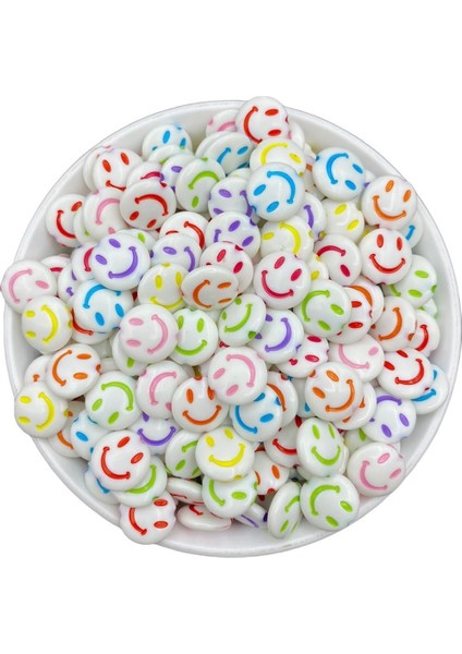 14MM Beyaz Zemin Üzeri Renkli Yassı Smile,gülen Surat, Gülen Yüz Boncuk (25 Gr, ~45 Adet)