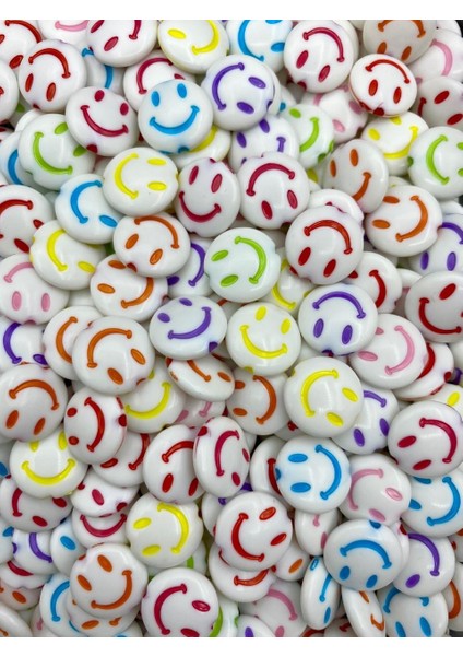 14MM Beyaz Zemin Üzeri Renkli Yassı Smile,gülen Surat, Gülen Yüz Boncuk (25 Gr, ~45 Adet) fiyatları