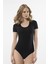 Kadın Siyah Yarım Kollu Bisiklet Yaka Agraflı Body 299 2