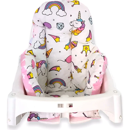 Bebek Özel Bebek/çocuk Mama Sandalyesi Minderi Beyaz Unicorn ve Pembe Yıldızlı
