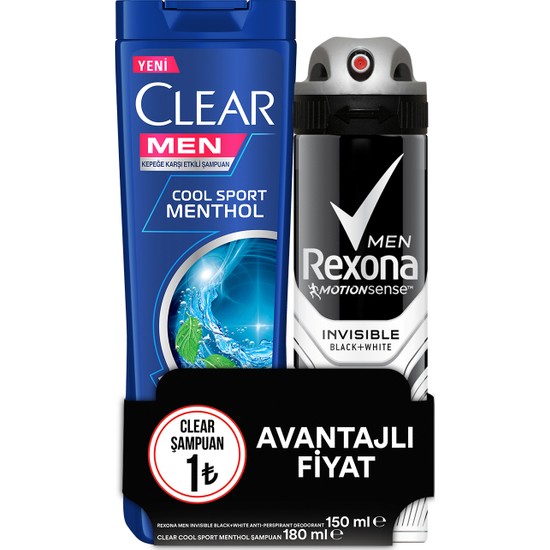 Clear Men Cool Sport Menthol Şampuan 180 ML + Rexona Men Invisible Black+White Deodorant Sprey 150 ML 2'li Set