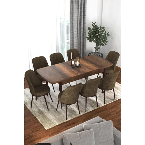 Canisa Concept Via Serisi 80 x 132 cm  Açılabilir Barok Ahşap Desen Mutfak Masa Takımı + 8 Adet Sandalye