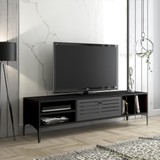 Wood'n Love Era Premium Altıgen Desen Metal Ayaklı Metal Kapaklı Dolaplı Tv Ünitesi - Wood Siyah / Siyah