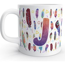 Rock'n Fox J Harfi Tüy Feather Tasarım Renkli Harfli Kupa Bardak