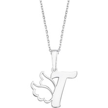 Altın Sepeti T Harfli Melek Kanatlı Gümüş Kolye