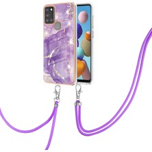 Eabhulie Samsung Galaxy A21S Için Crossbody Askı Ipi Telefon Kılıfı Silikon Mermer Desen Yumuşak Tpu Tampon Kapağı Mor (Yurt Dışından)