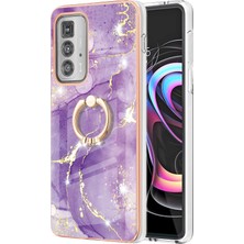 Eabhulie Motorola Edge 20 Pro Için Mermer Desen Yumuşak Tpu Tampon Halka Tutucu Stand Kılıf Kapağı Mor (Yurt Dışından)