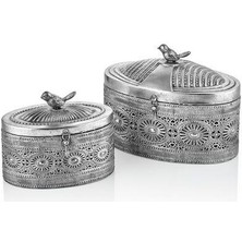 Ezem MQN-165604-K17 Antik Silver Kuş Kapaklı Oval 2li Kutu Takımı