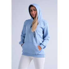 Kadın Mavi Kapüşonlu Kanguru Cepli Şardonlu Sweatshirt