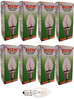 Bizim 8 Adet 10 Watt E14 Duy Renkli Şeffaf C7 Mum Ampül Sarı