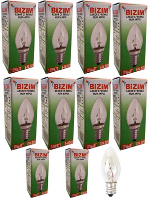 Bizim 10 Adet 10 Watt E14 Duy Renkli Şeffaf C7 Mum Ampül Sarı