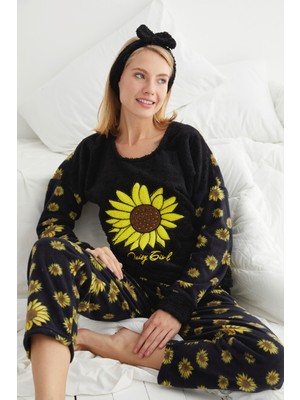 Markosin Kadın Ay Çiçek Desenli Polar Pijama Takımı 412051