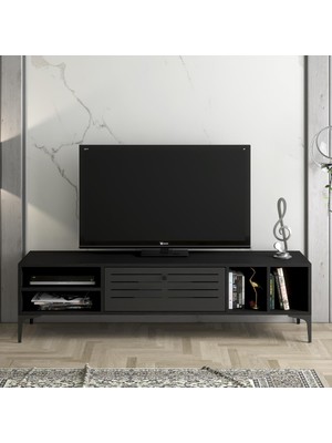 Wood'n Love Era Premium Altıgen Desen Metal Ayaklı Metal Kapaklı Dolaplı Tv Ünitesi - Wood Siyah / Siyah