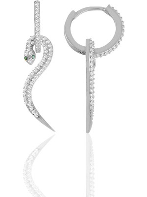 Söğütlü Silver Gümüş Rodyumlu Zirkon Taşlı 14 mm Halkalı Tasarım Yılan Küpe