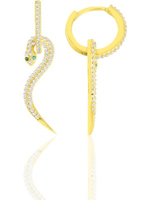 Söğütlü Silver Gümüş Altın Yaldızlı Zirkon Taşlı 14 mm Halkalı Tasarım Yılan Küpe