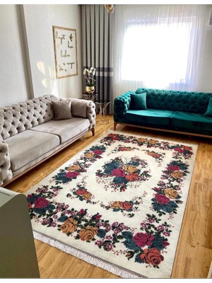 Yeşil Çicek Kaymaz Tabanlı Yıkanabilir Halı Kilim Yolluk Yeşi