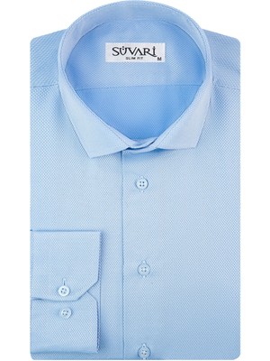 Süvari Slim Fit Armür Desenli Soluk Mavi Erkek Gömlek