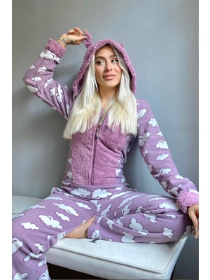 Pijama Evi Mor Bulut Desenli Kadın Polar Peluş Tulum Pijama Takımı