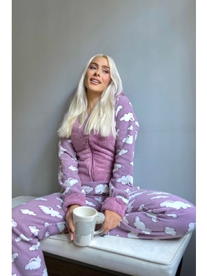 Pijama Evi Mor Bulut Desenli Kadın Polar Peluş Tulum Pijama Takımı