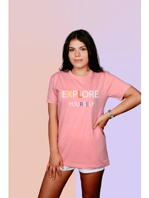 ErTa Passage Kadın Somon Kendini Keşfet Yazılı Baskılı Oversize T-Shirt T7445959