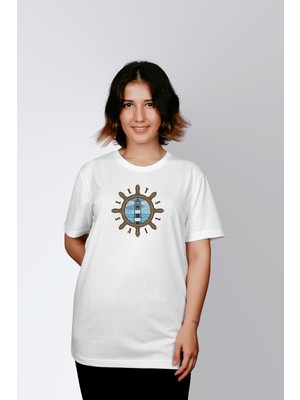 ErTa Passage Kadın Beyaz Vintage Deniz Feneri Baskılı Oversize T-Shirt T769205