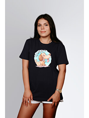 ErTa Passage Kadın Siyah Tatlı Dog Baskılı Oversize T-Shirt T6480659