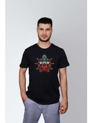 ErTa Passage Erkek Siyah Yengeç Deniz Feneri Baskılı Oversize T-Shirt T4694082