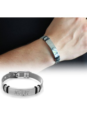 Tesbihane Kişiye Özel Isim Yazılı Uzunluk Ayarlı Silver Renk Çelik Erkek Hasır Bileklik