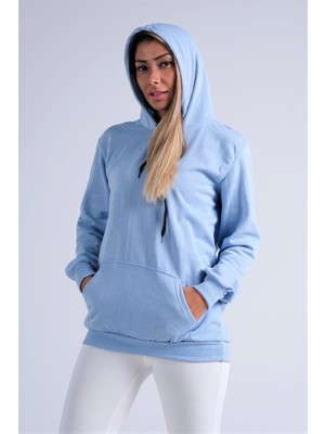 Kadın Mavi Kapüşonlu Kanguru Cepli Şardonlu Sweatshirt