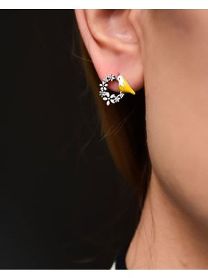 Papatya Silver 925 Ayar Gümüş Mineli Çiçekli Kuşlu Çivili Küpe