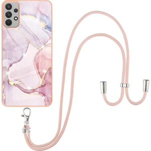Samsung Galaxy A32 5g Için Crossbody Askı Ipi Telefon Kılıfı Silikon Mermer Desen Yumuşak Tpu Tampon Kapağı Rose Gold (Yurt Dışından)