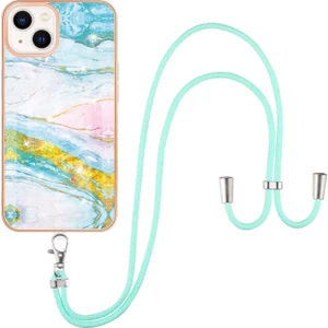 iPhone 13 Için Crossbody Askı Ipi Telefon Kılıfı Silikon Mermer Desen Yumuşak Tpu Tampon Kapağı Turkuaz - Beyaz (Yurt Dışından)